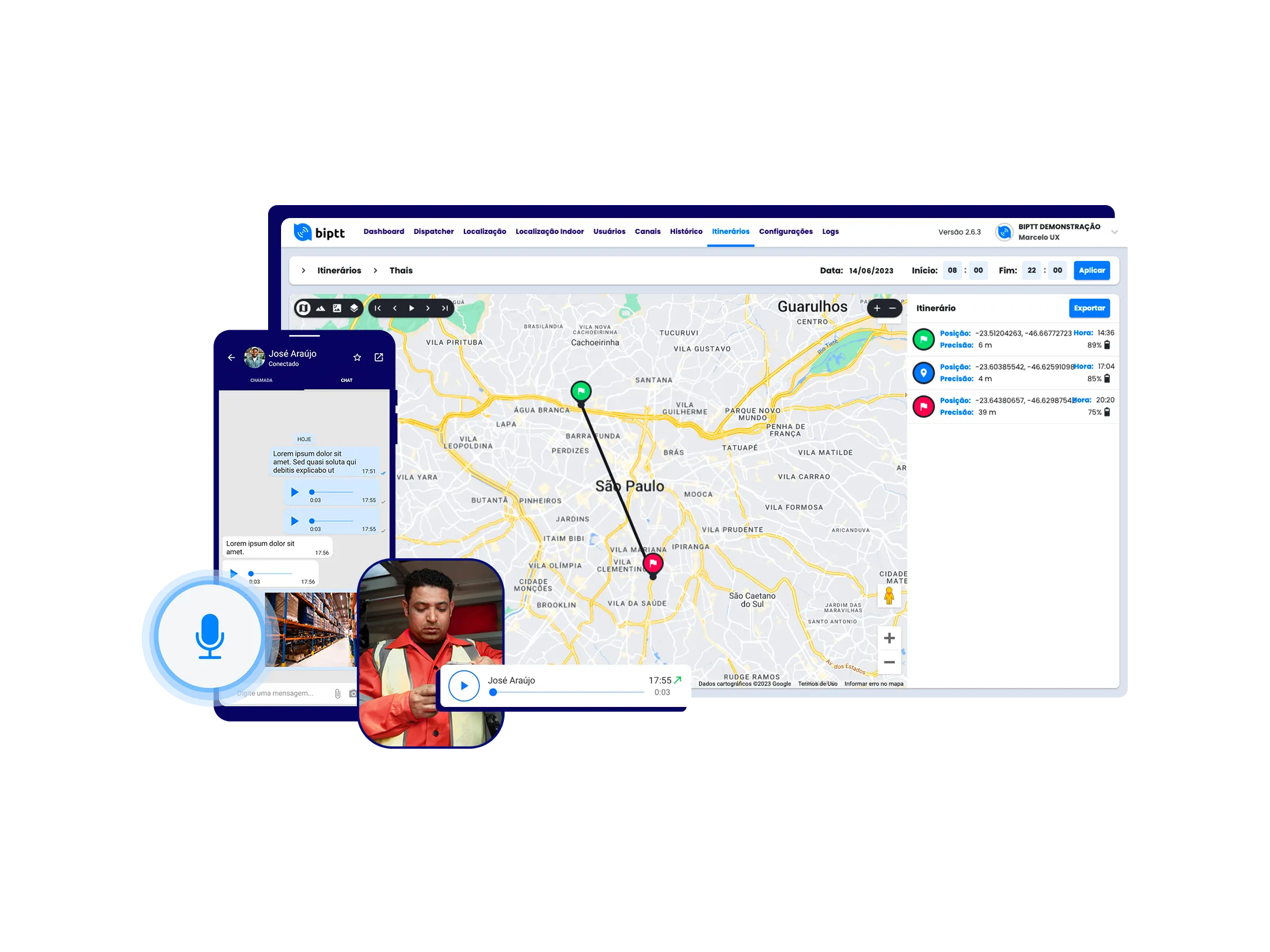 Portal BiPTT com mapa, app de voz no celular e equipe em campo