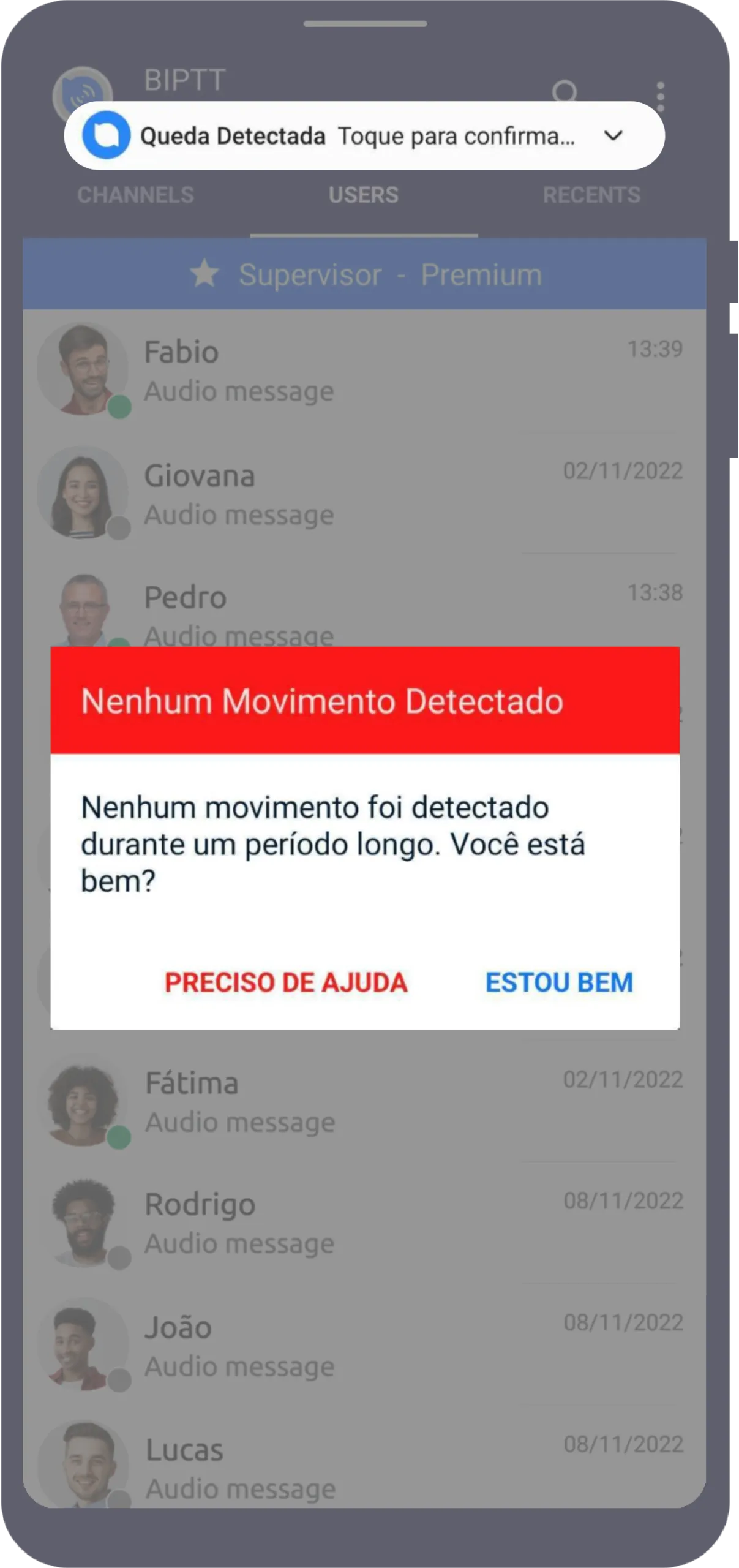 Tela de detecção de quedas (Man Down)